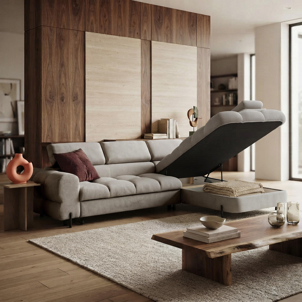 ECKSOFA BOWL L Rechts mit Schlaffunktion 125x195 Velours Beige - Beige/Schwarz, Holz/Textil (195/260cm) - Muffo