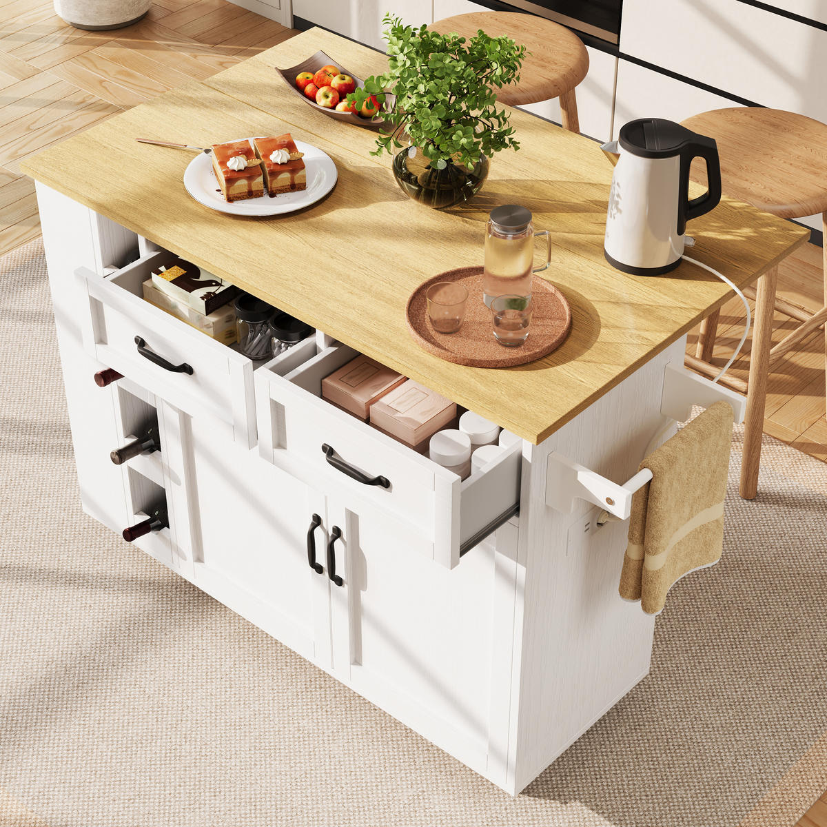 KÜCHENINSEL in Weiß und Naturfarben Servierwagen mit Schubladen für Küche und Esszimmer, B131.5/T43/H90.7 cm - Weiß/Naturfarben, Holzwerkstoff/Metall (131.5/90.7/43cm) - STILVORA