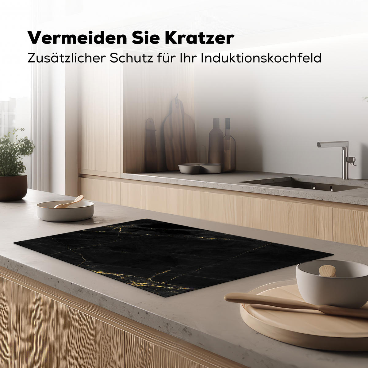 HERDABDECKPLATTE Marmor - Schwarz - Gold - Chic - Marmoroptik - Design Induktionsmatte 81x52 cm - Schwarz, Kunststoff (81/52/0.2cm) - MuchoWow