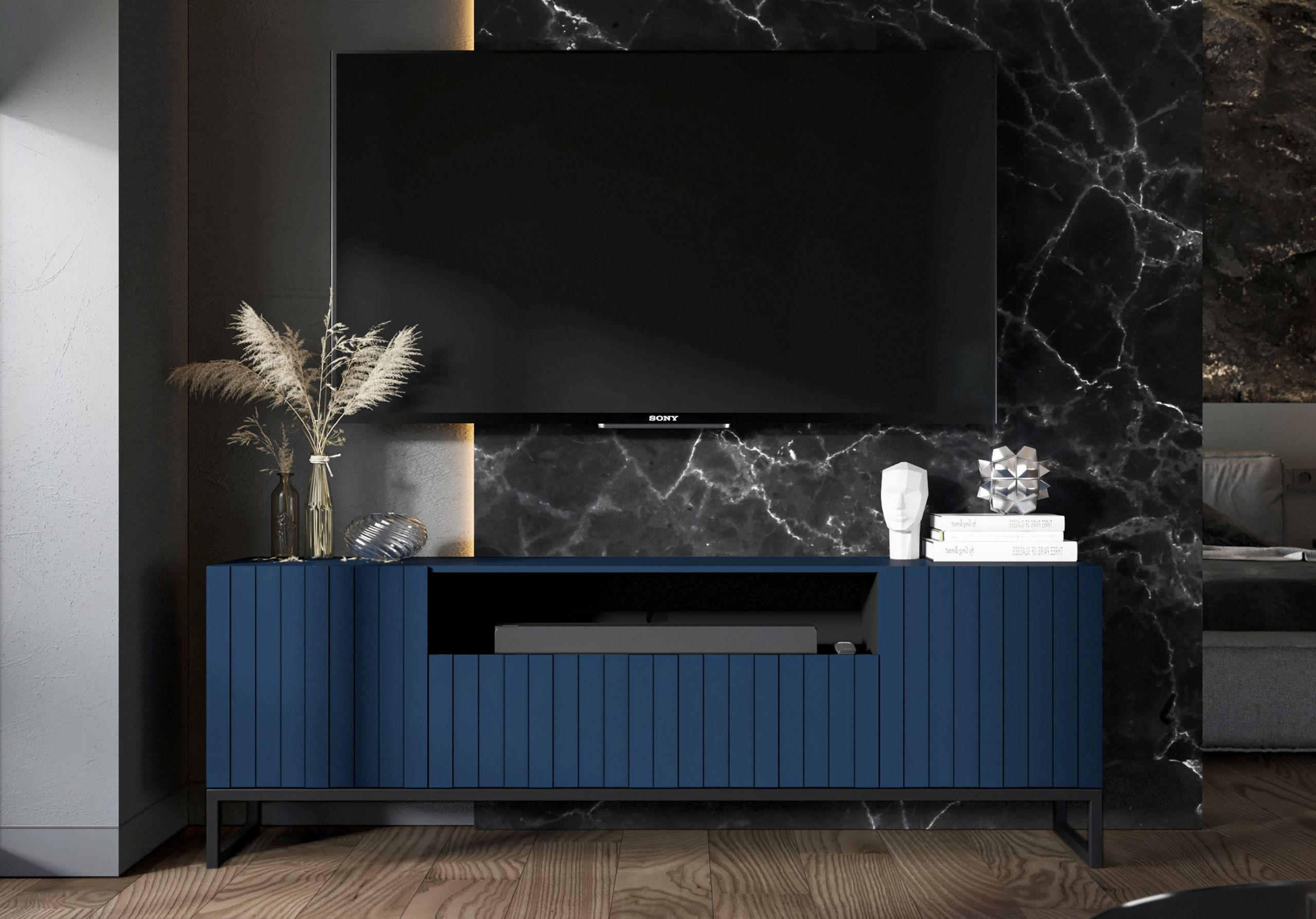 TV-SCHRANK Elpis2 Marineblau Matt mit Metallrahmen Glamour 150 cm - Blau/Schwarz, Holzwerkstoff/Metall (150/51.5/36.5cm) - Meble Lindner