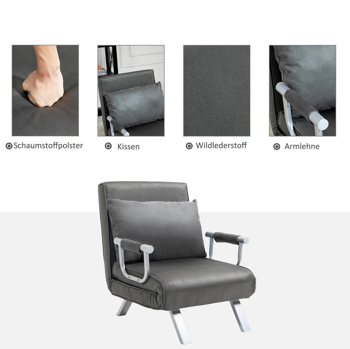 SCHLAFSESSEL 69/65/80 cm mit Liegefläche 60/185,5 cm, klappbar & platzsparend - Grau, Textil (65/80/69cm) - BEAOK