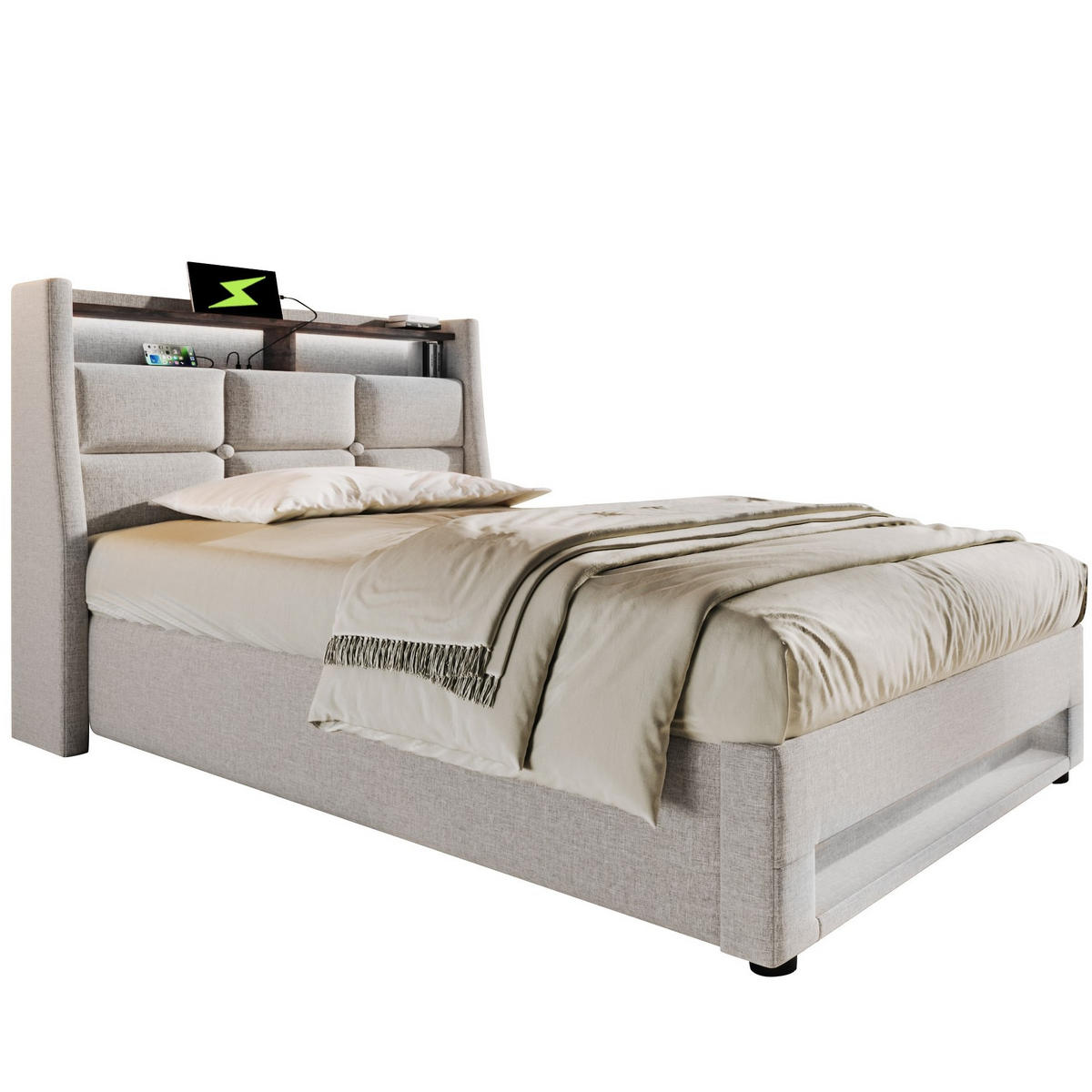 POLSTERBETT 90/200 cm in Beige mit USB-Anschluss, LED-Beleuchtung und Stauraum - Beige, Textil (90/200cm) - Flora Grace