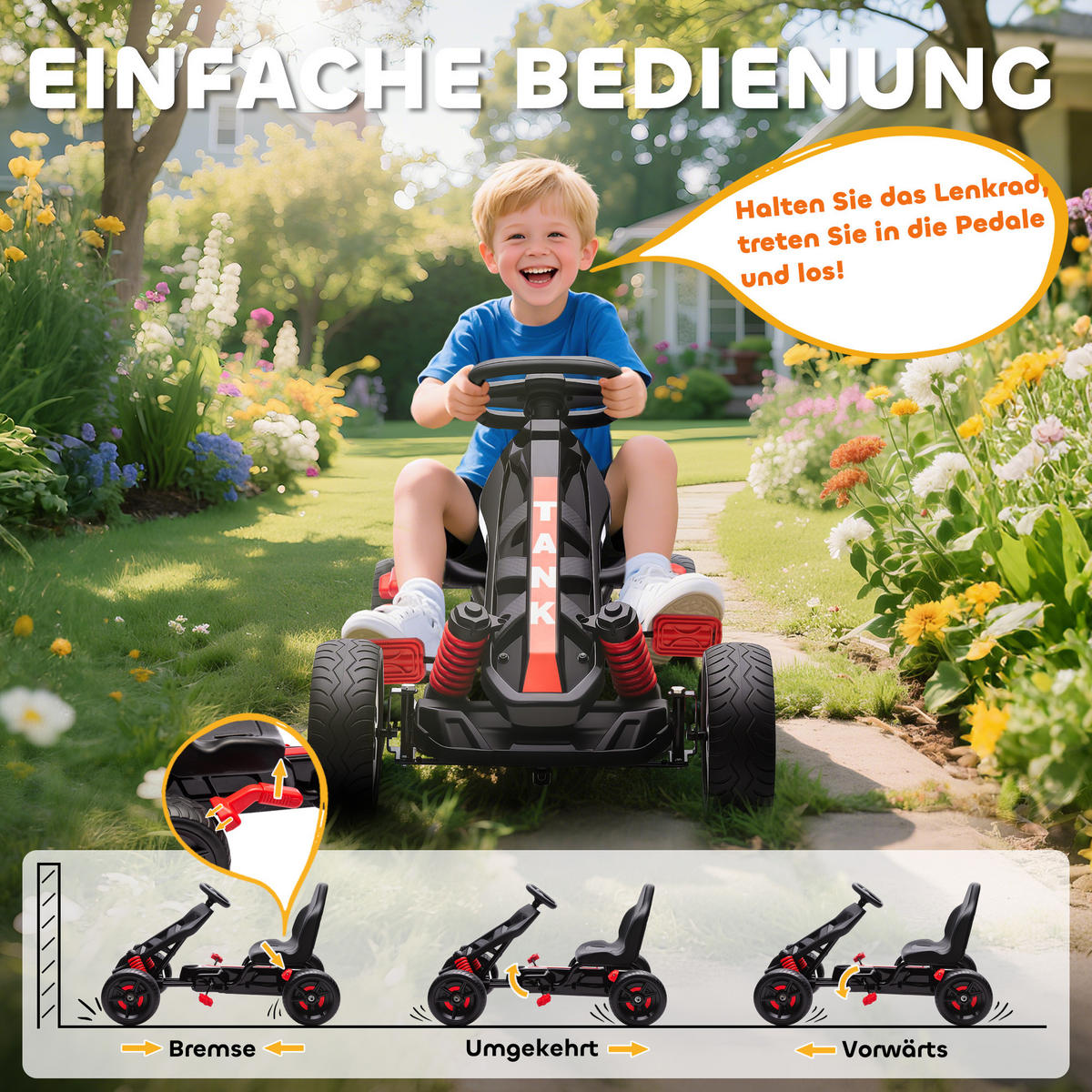GOKART TRETAUTO mit Handbremse, Automatisches Kupplungssystem, EVA-Räder - Rot, Metall (100/59/60.5cm) - AIYAPLAY