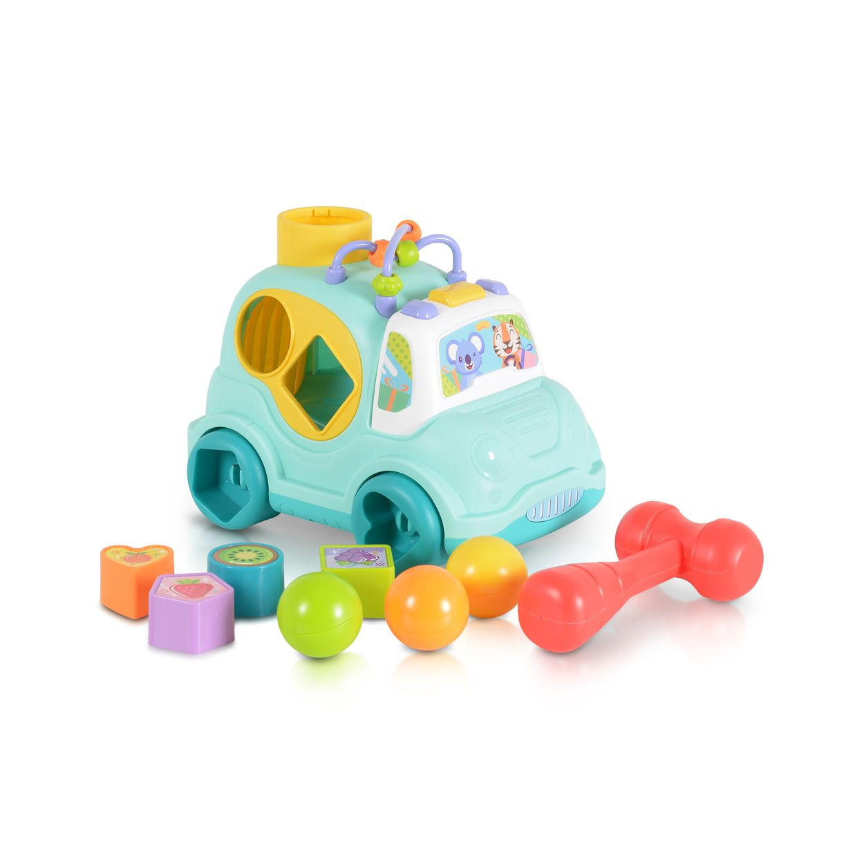 SORTIERSPIEL Auto Musik Licht blau 4 Formen, Hammer, Motorikschleife, 3 Bälle, ab 18 Monaten, Stauraum - Blau, Kunststoff (24/15/14cm) - Moni