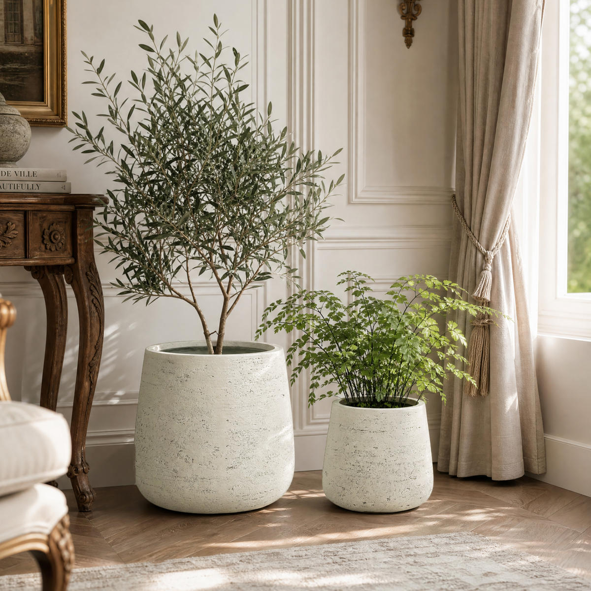 BLUMENTOPF groß & rund mit Ablaufloch, Ø 26 × H 24 cm, Creme - Weiß, Naturmaterialien (24cm) - Hometopia