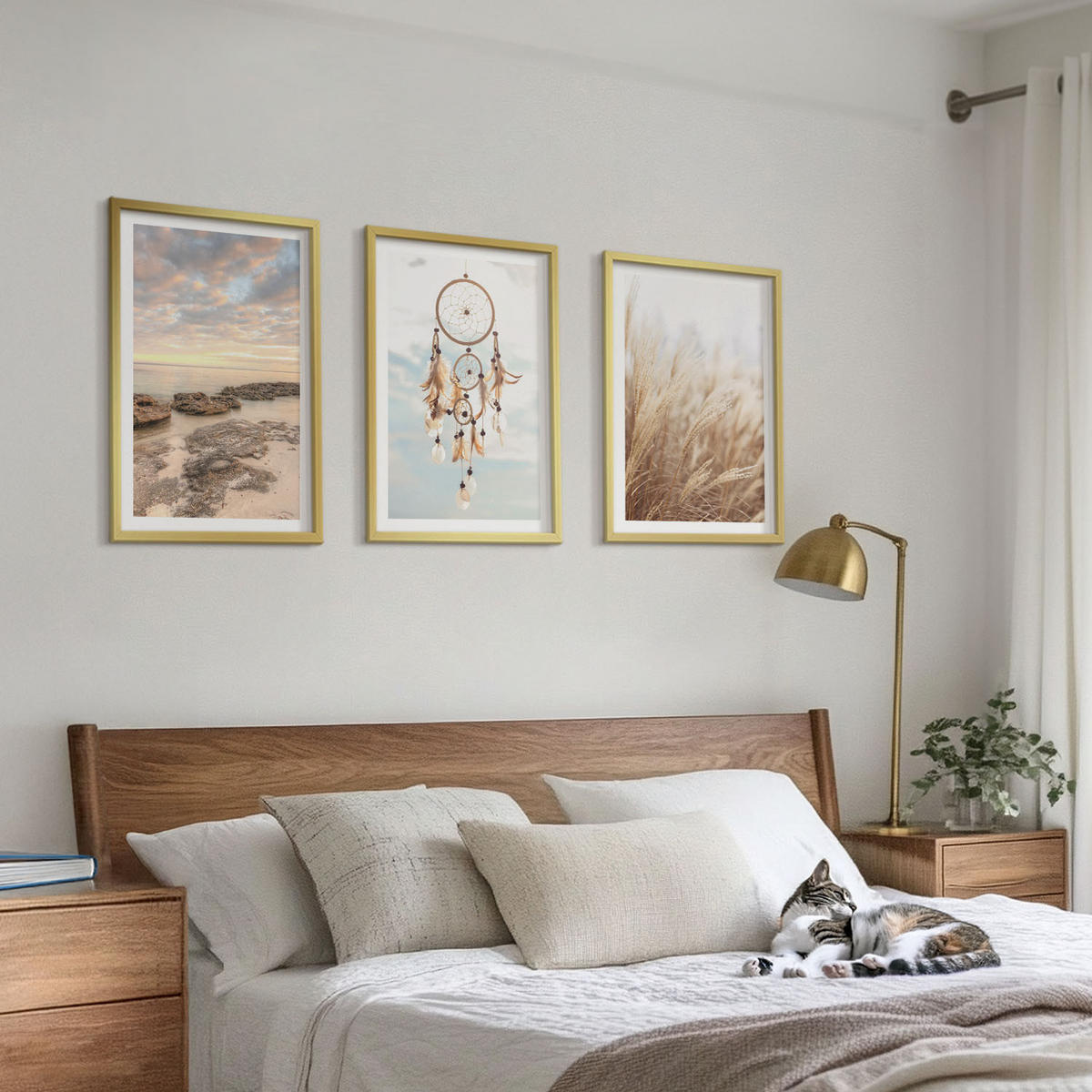 BILDER SET 3er Set - 40x60 cm Goldrahmen - Wolkenmeer, Traumfänger, Gras - Goldfarben, Kunststoff (40/60cm) - TULUP