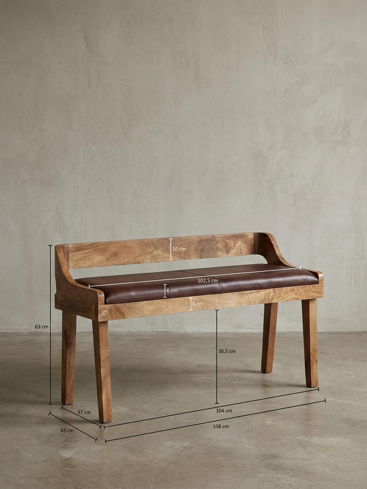 SITZBANK – Echtleder, 108 cm, mit Rückenlehne, Beine Massivholz - Braun, Mangoholz/Leder (108/63/43cm) - KADIMA DESIGN