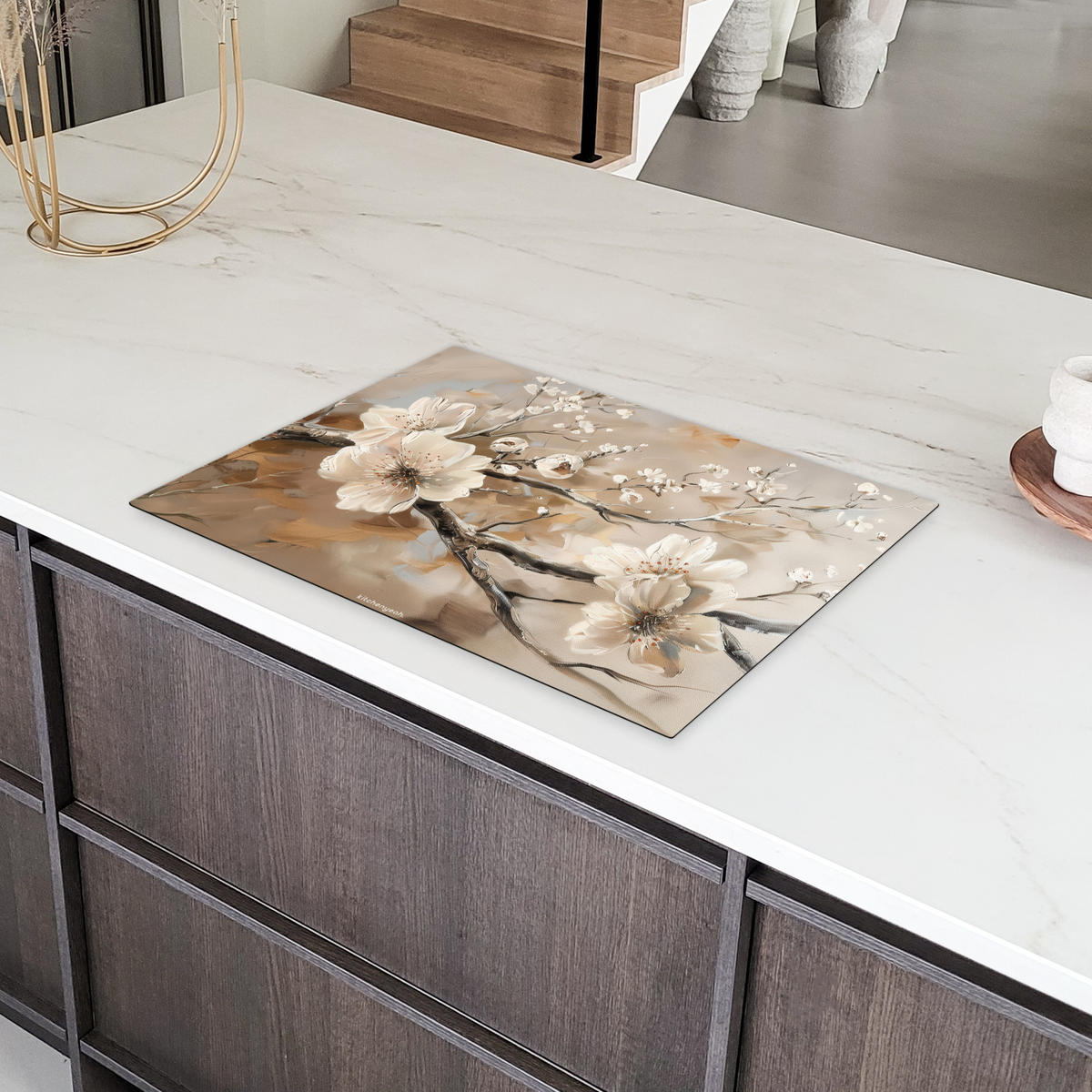 HERDABDECKPLATTE Blumen - Abstrakt - Gemalt - Beige 75x52 cm - Kaschmir, Kunststoff (75/0.2/52cm) - MuchoWow