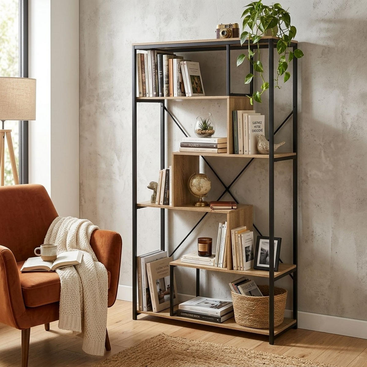 BÜCHERREGAL mit Regalen auf 6 Etagen H160 cm - Nussbaumfarben, Holzwerkstoff (34/160/38cm) - Calicosy