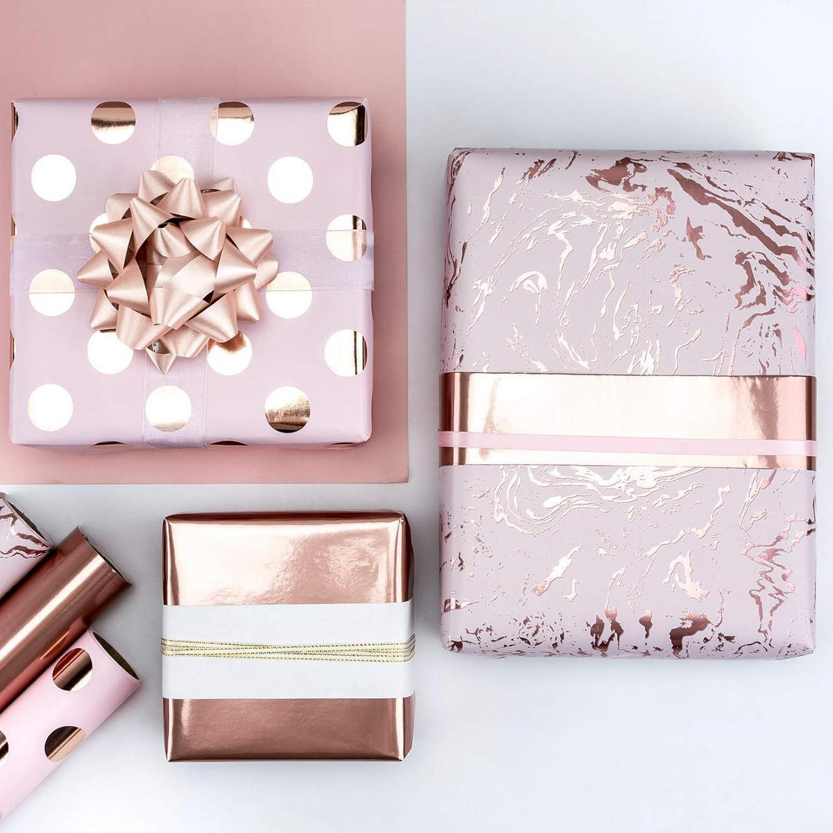 GESCHENKPAPIER 3-teiliges Set Rosa Marmor Tupfen Streifen 43,2 cm - Multicolor, Papier (12/21/27cm)