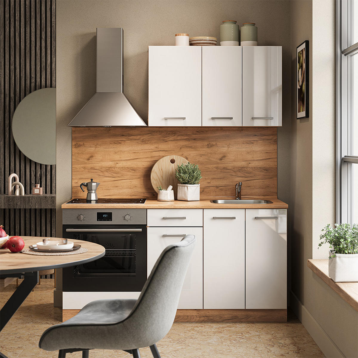 SINGLEKÜCHE R-Line Weiß Hochglanz/Goldkraft Eiche 160 cm mit Herdumbauschrank und Spüle ohne AP - Honigeiche/Weiß Hochglanz, Holzwerkstoff (160/81.6/46cm) - Vicco