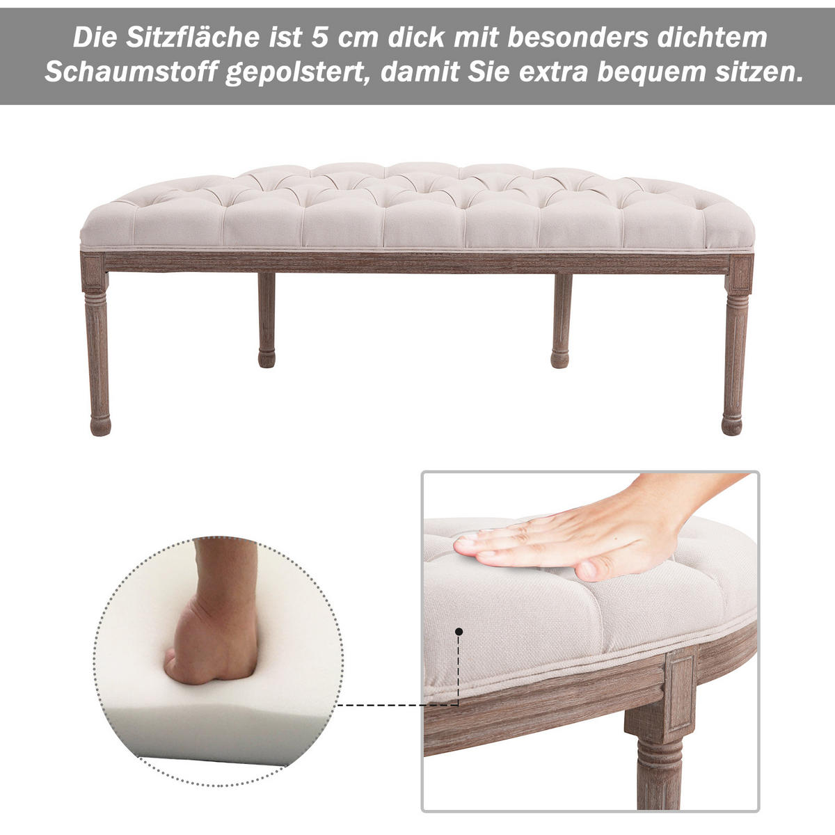POLSTERBANK mit Knöpfen, Leinen + Holz, beige, 140,5 x 51 x 48 cm - Beige, Kunststoff (51/48/1405cm) - HOMCOM