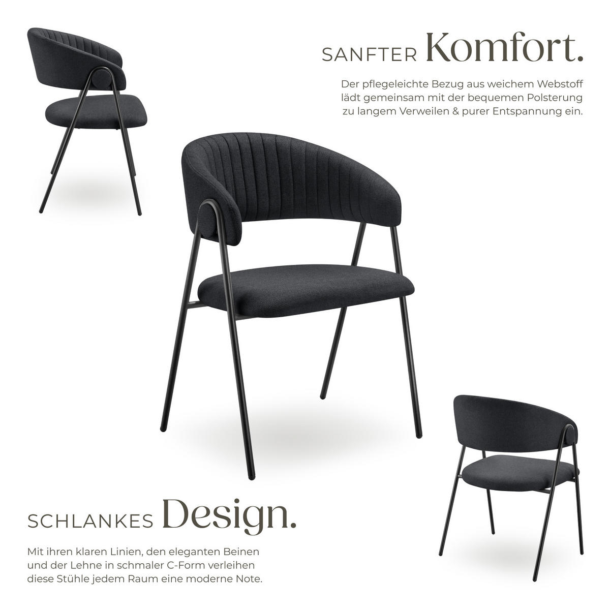 ARMLEHNENSTUHL 6er Set Bedano 60 x 58 x 85 cm schwarz - Schwarz, Kunststoff (60/85/58cm) - tectake