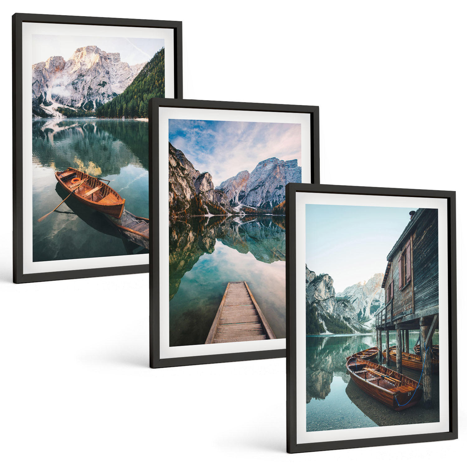 BILDER SET 3er Set - 40x60 cm Schwarzer Rahmen - See, Berge, Boote, Ferienhaus - Schwarz, Kunststoff (40/60cm) - TULUP