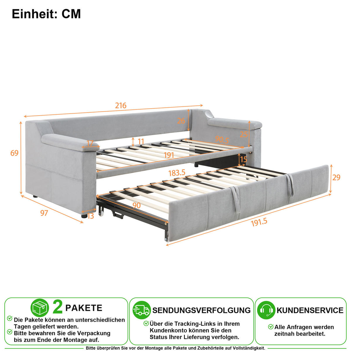 SCHLAFSOFA 90/190 cm & 180/190 cm in Hellgrau Samt mit USB, Ablagefächern und Bluetooth - Hellgrau, Holzwerkstoff/Textil (90/190cm) - CHICFURN