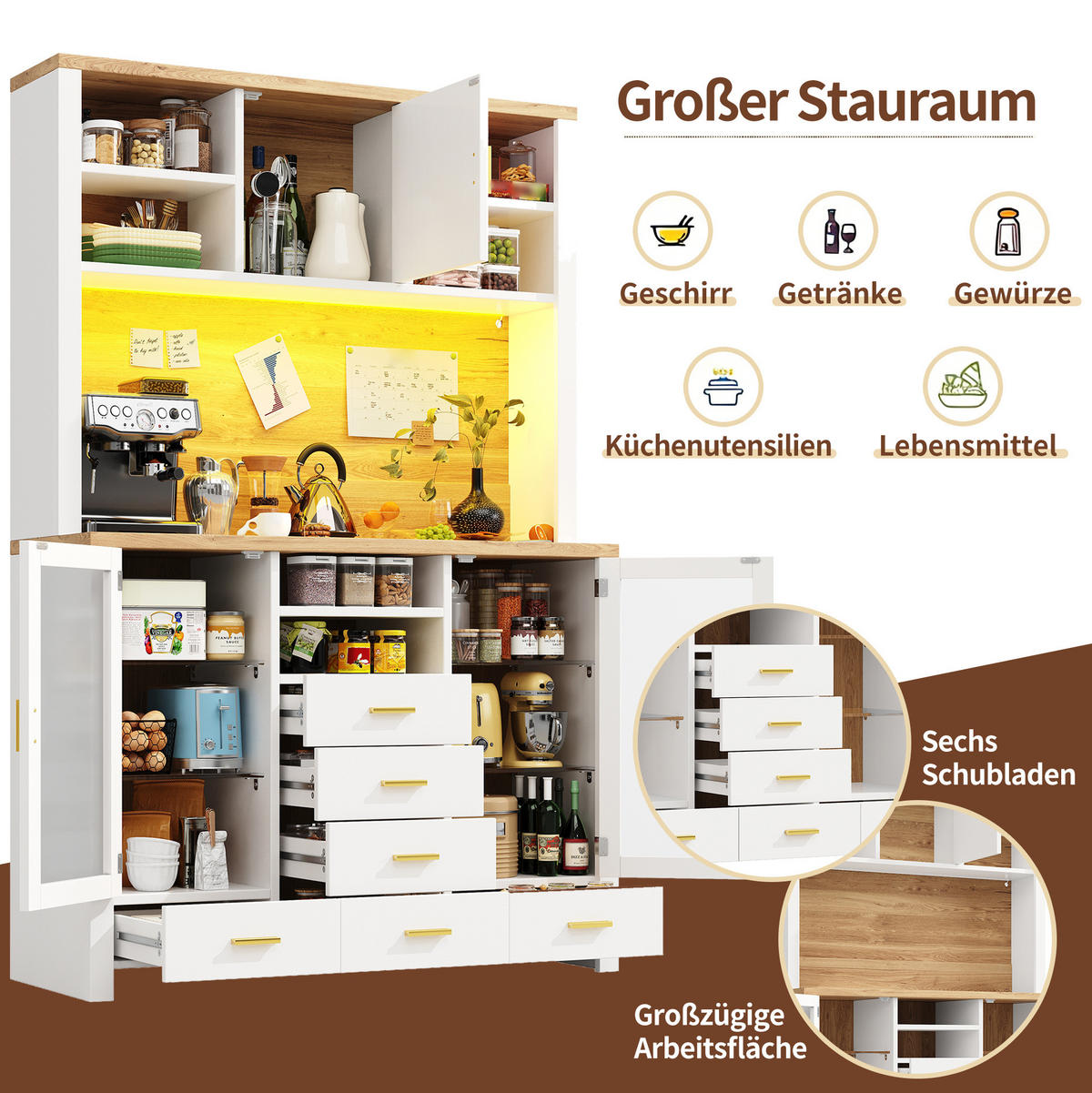 BUFFET 120/180/40 cm Weiß mit Holzdekor aus MDF und Glas mit LED-Lichtleiste - Weiß, Holzwerkstoff (40/188/120cm) - OKMYHOME