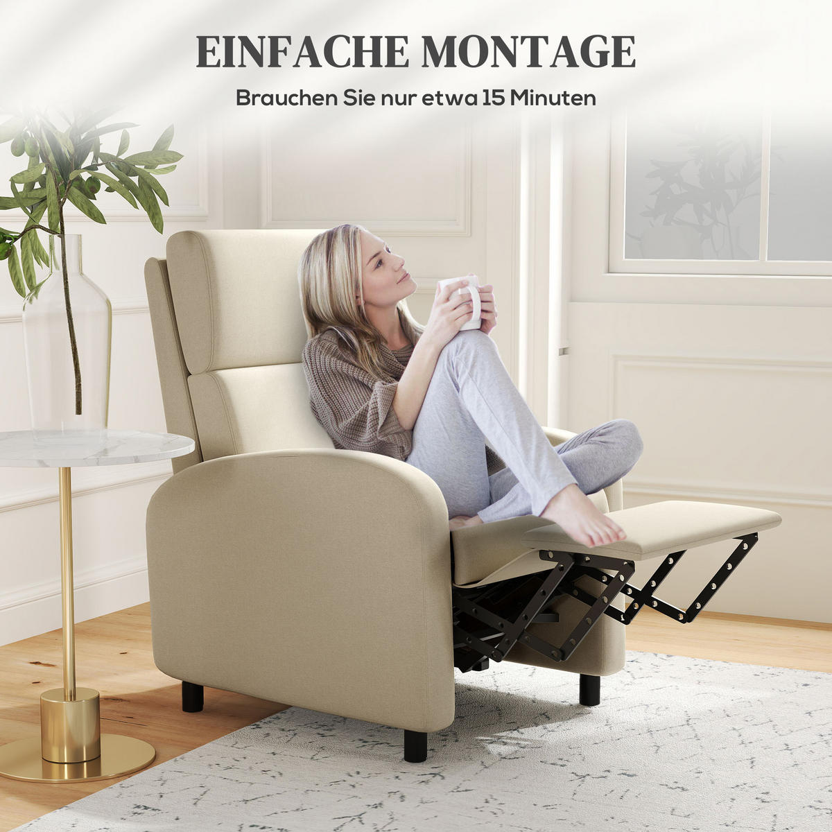 RELAXSESSEL gepolstert Fernsehsessel mit Liegefunktion bis 120 kg Belastbar - Creme/Schwarz, Kunststoff/Textil (64/102/86cm) - HOMCOM
