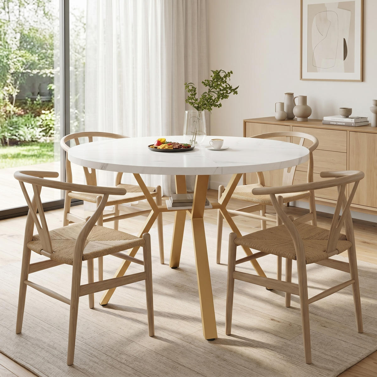 ESSTISCH runder marmor-optik Ø 100 cm mit X-metallgestell - Goldfarben, Holzwerkstoff (100/100/75cm) - Urban Meuble