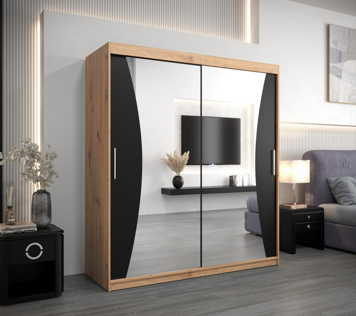 SCHWEBETÜRENSCHRANK 200/180/62 2-türig - Silberfarben/Schwarz, Holz/Kunststoff (180/200/62cm) - Abiks Möbel