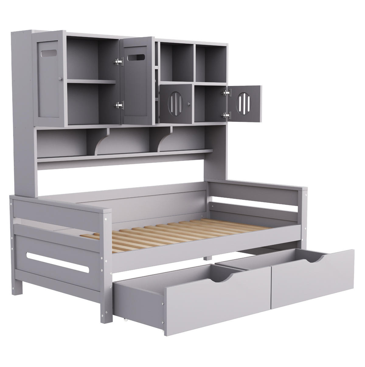 JUGENDBETT 90/200 cm mit Stauraum, 2 Schubladen und Ablagefächern aus Holz, Grau - Grau, Holz (90/200cm) - Redom