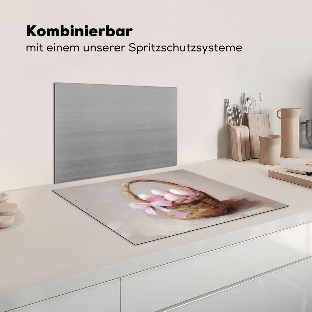 HERDABDECKPLATTE Korb - Eier - Rosa Herdabdeckung Induktionsfeld 65x52 cm - Beige, Kunststoff (65/52/0.2cm) - MuchoWow