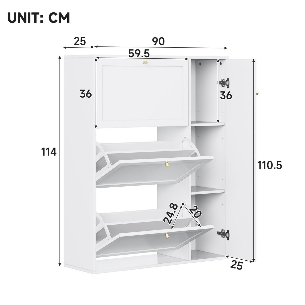 SCHUHSCHRANK 25/90/114 cm aus MDF und Spanplatte mit 3 Klappen, 1 Tür und verstellbaren Trennwänden, Weiß - Weiß, Holzwerkstoff (90/114/25cm) - Redom