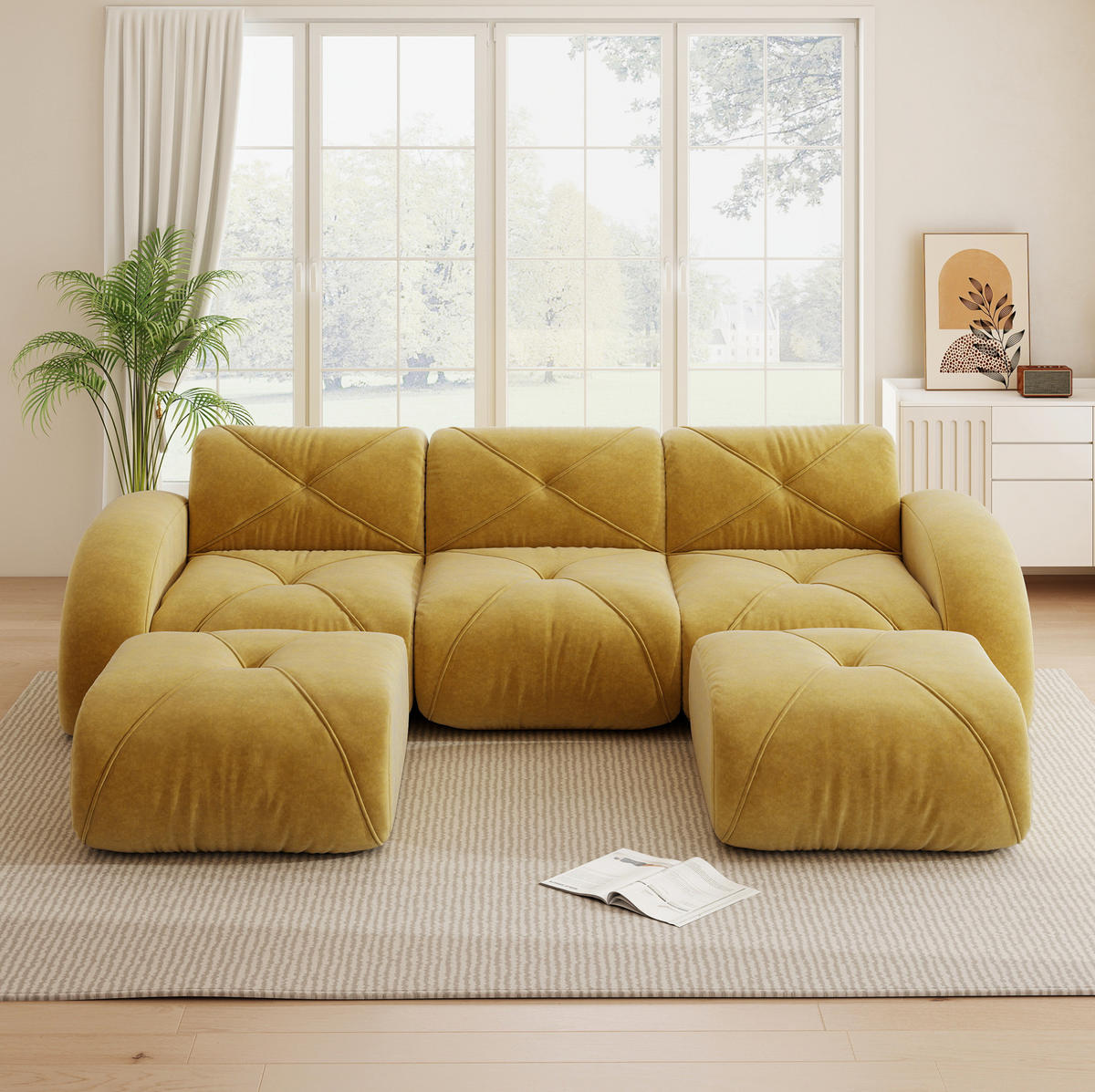 MODULSOFA U-Form 3-Sitzer mit 2 Hockern Chenille Gelb - Gelb, Kunststoff (171/76/281.1cm) - Meubliv