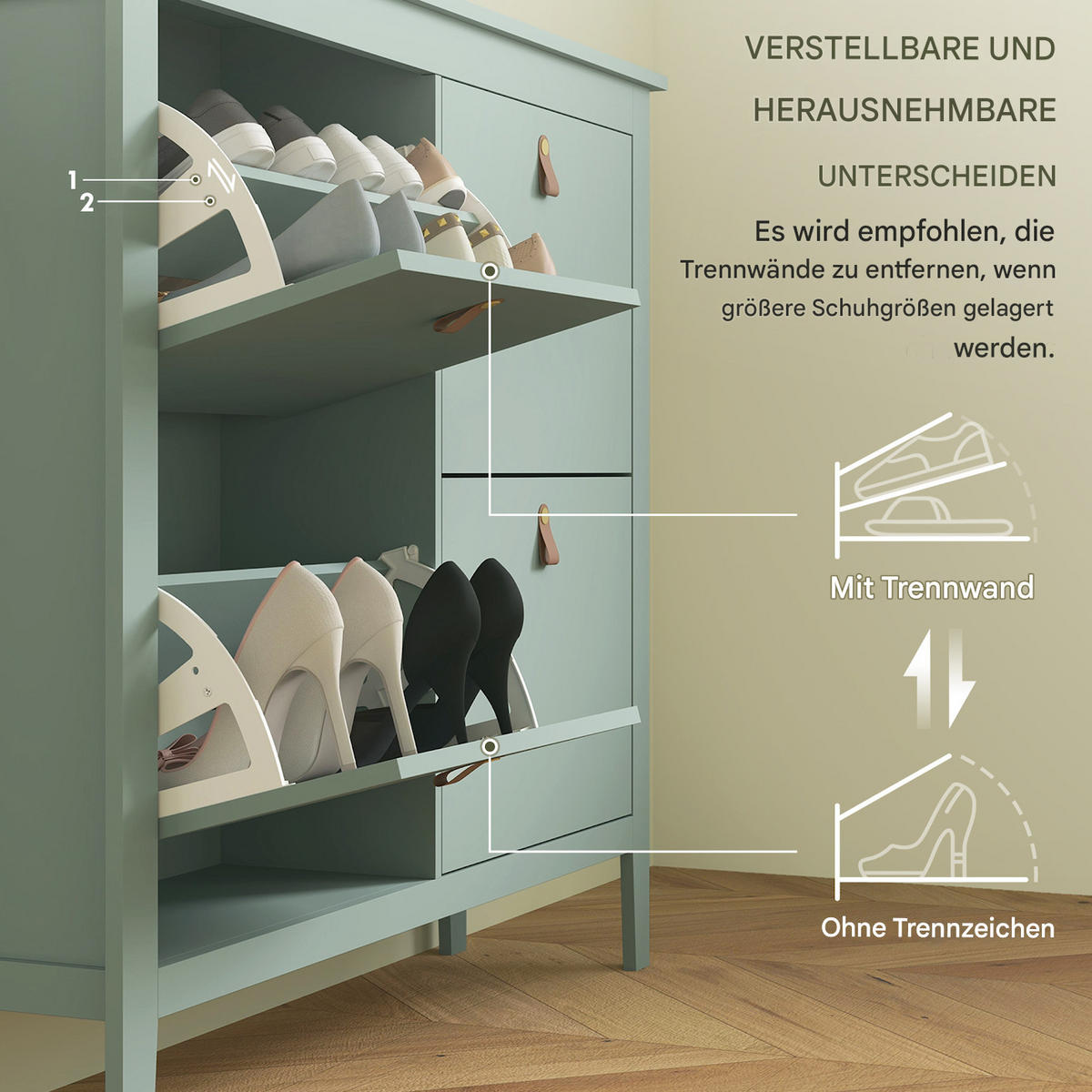SCHUHSCHRANK für 20 Paar Schuhe, Schuhschrank mit 4 Klappschubladen, herausnehmbaren und verstellbaren Einlegeböden, grün - Grün, Holzwerkstoff (105/95.5/24cm) - HOMCOM