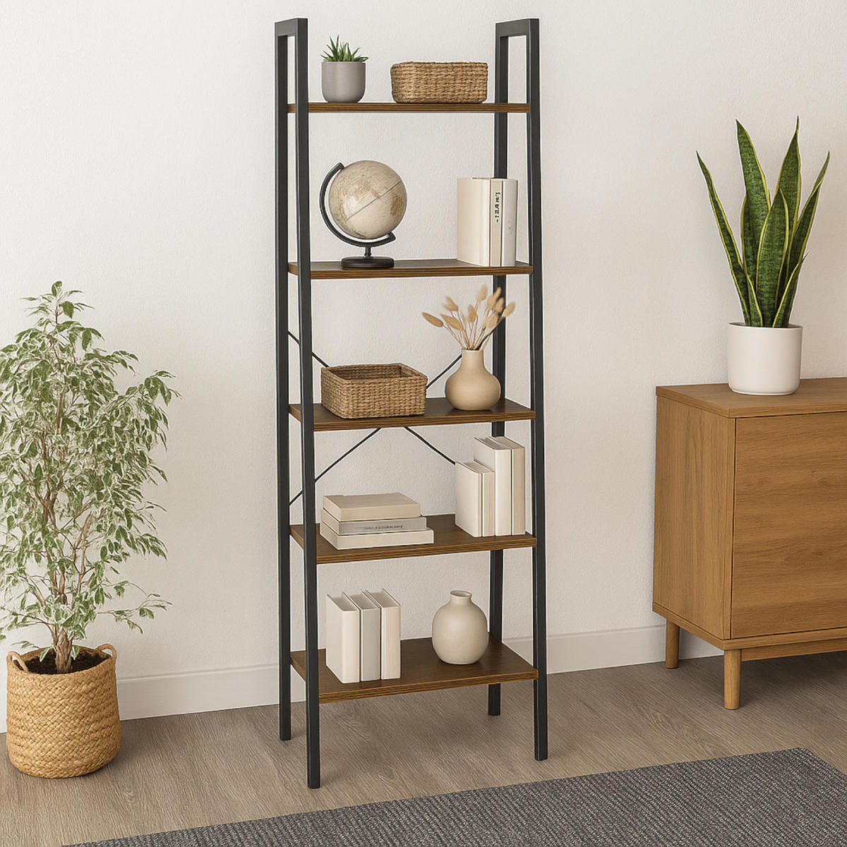 STANDREGAL Holzoptik Metall Dunkelbraun Schwarz 5 Ablagen 172×56×34 cm - Dunkelbraun/Schwarz, Holzwerkstoff/Metall (56/172/34cm) - Begryf