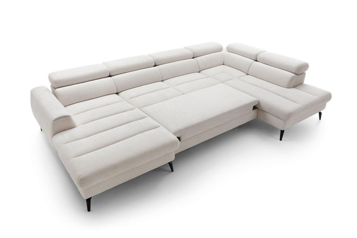 WOHNLANDSCHAFT NOTE Creme Chenille mit Schlaffunktion - Creme, Holz (345/93/257cm) - MASSENO