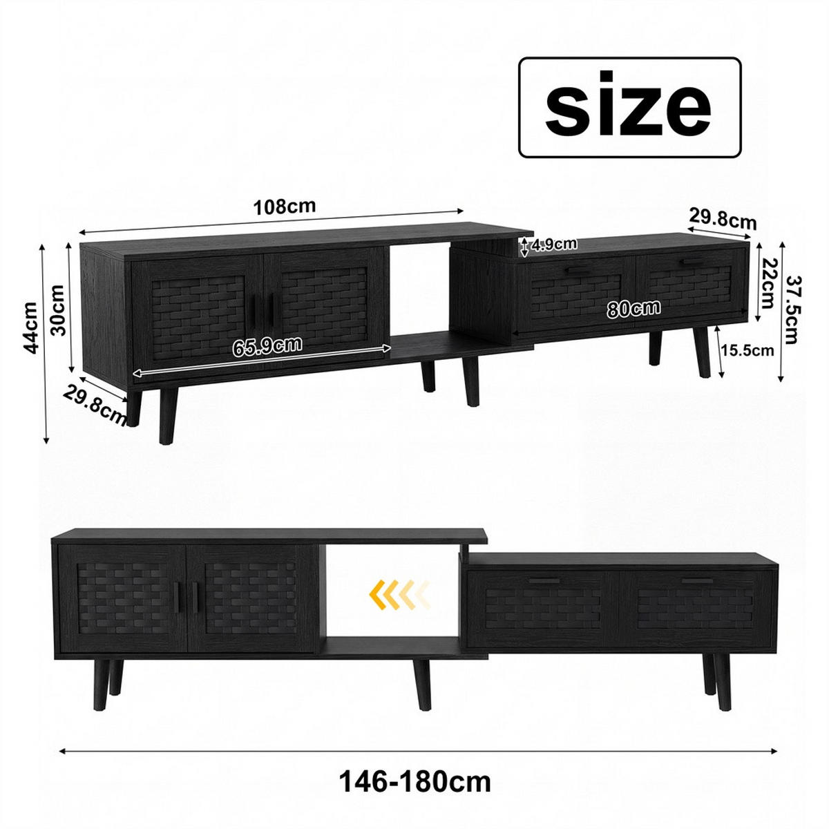 TV-LOWBOARD ausziehbar 146-180 cm mit 2 Türen und 2 Schubladen - mit Massivholzbeinen - Schwarz - Schwarz, Holzwerkstoff (29.8/44/180cm) - DELFA