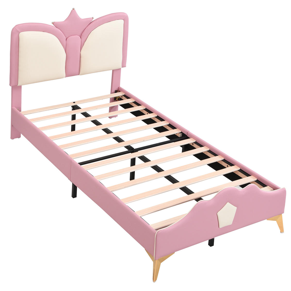 POLSTERBETT 90/200 cm Rosa Weiß mit Kopfteil in Kronenform und weichen Antikollisionskanten - Rosa, Kunststoff (90/200cm) - OKWISH