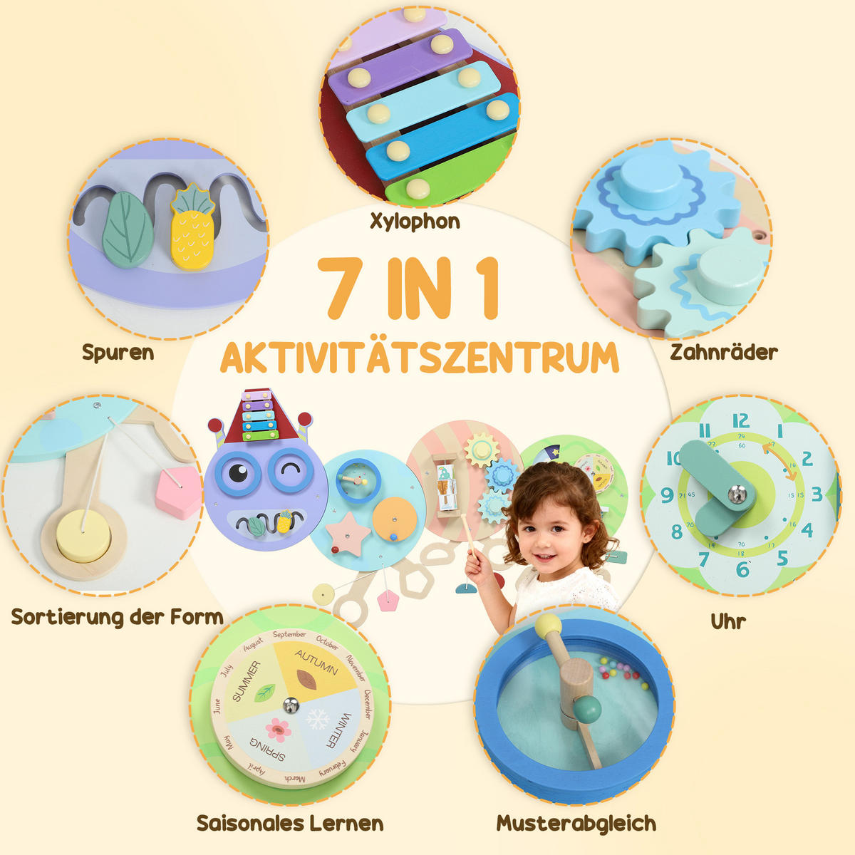 WANDSPIELZEUG DE-10200 7-in-1, Xylophon, Zahnräder, Raupen-Design Bunt - Multicolor, Holzwerkstoff (8/62/108cm) - ComfortXL
