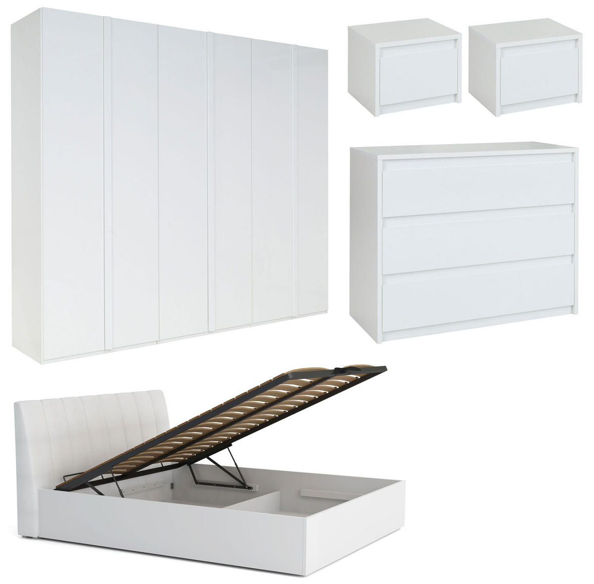 SCHLAFZIMMER-SET Italia Weiß matt / weiß hochglanz 6-teilig - Weiß Hochglanz/Weiß, Holz/Holzwerkstoff (180/200cm) - Feldmann-Wohnen