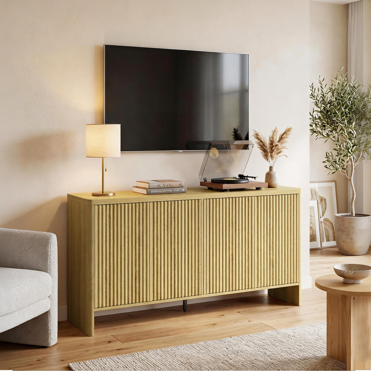 SIDEBOARD DE-11302 4 gerillte Türen mit Drucköffnung Eiche - Eichefarben, Holzwerkstoff (147/77/40cm) - ComfortXL