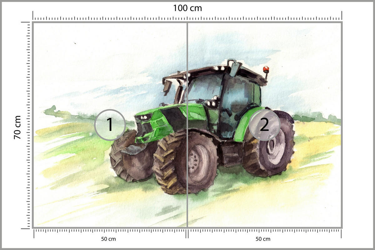 FOTOTAPETE für Kinderzimmer Aquarell Grüner Traktor Feld 100x70 - Gelb/Schwarz, Papier (100/70cm) - Muralo