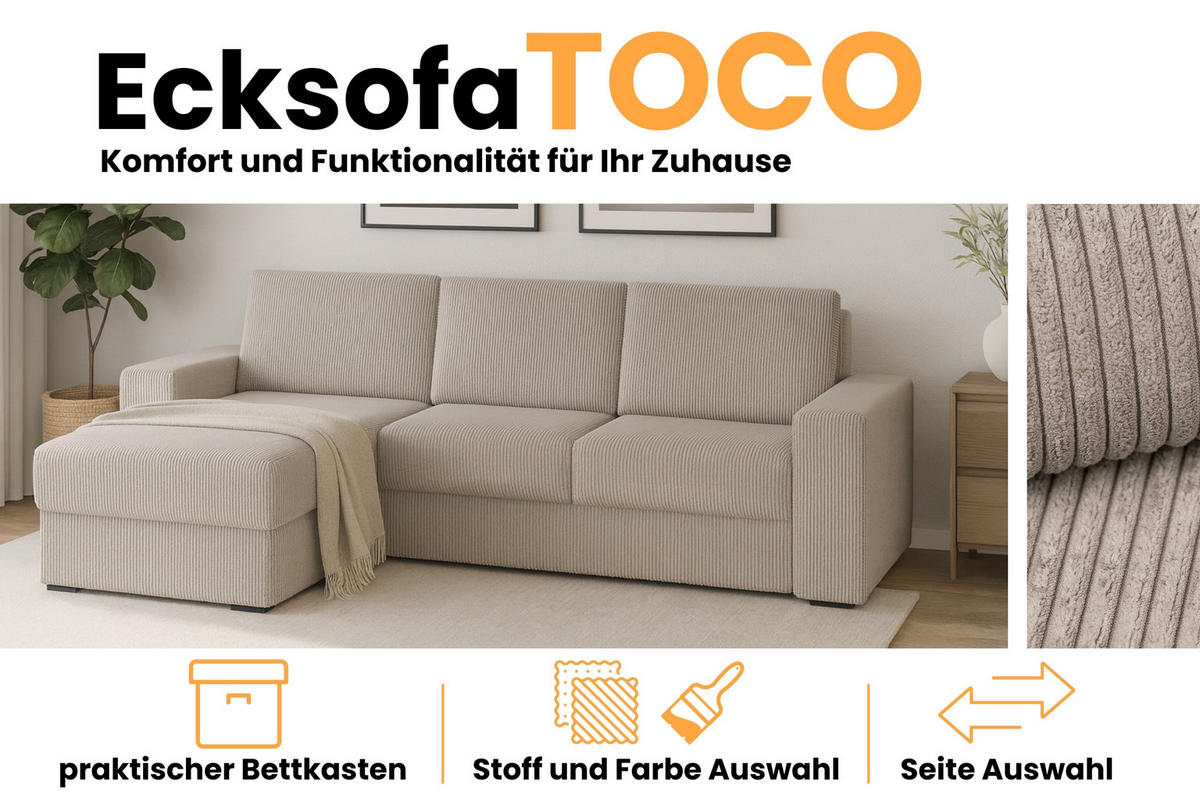 ECKSOFA TOCO L 240x145 cm in Cord Beige links - Beige, Holz/Holzwerkstoff (240/145cm) - Deine Möbel 24
