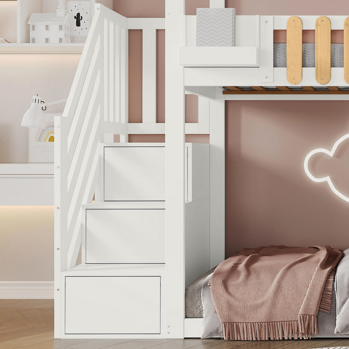 ETAGENBETT 90/200 cm Weiß mit Treppe und Regalkasten aus Kiefernholz - Weiß, Holzwerkstoff (90/200cm) - OKWISH