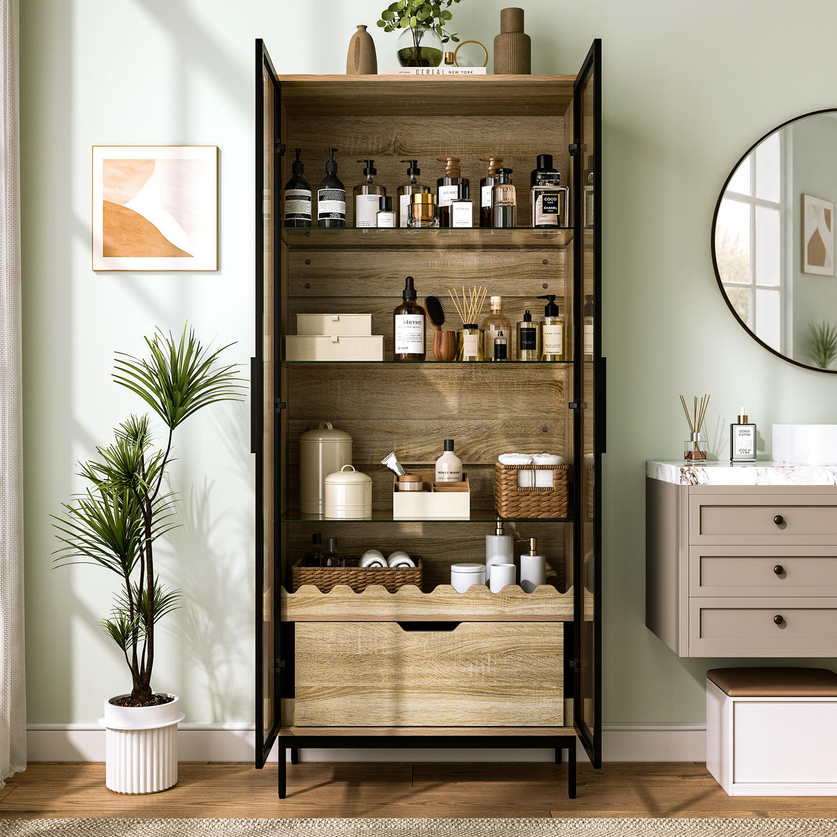 BUFFET mit Glastür und höhenverstellbaren Glasregalen mit Schublade Wellendekor - Transparent/Naturfarben, Glas/Holzwerkstoff (75/170.8/35cm) - EVRYAE