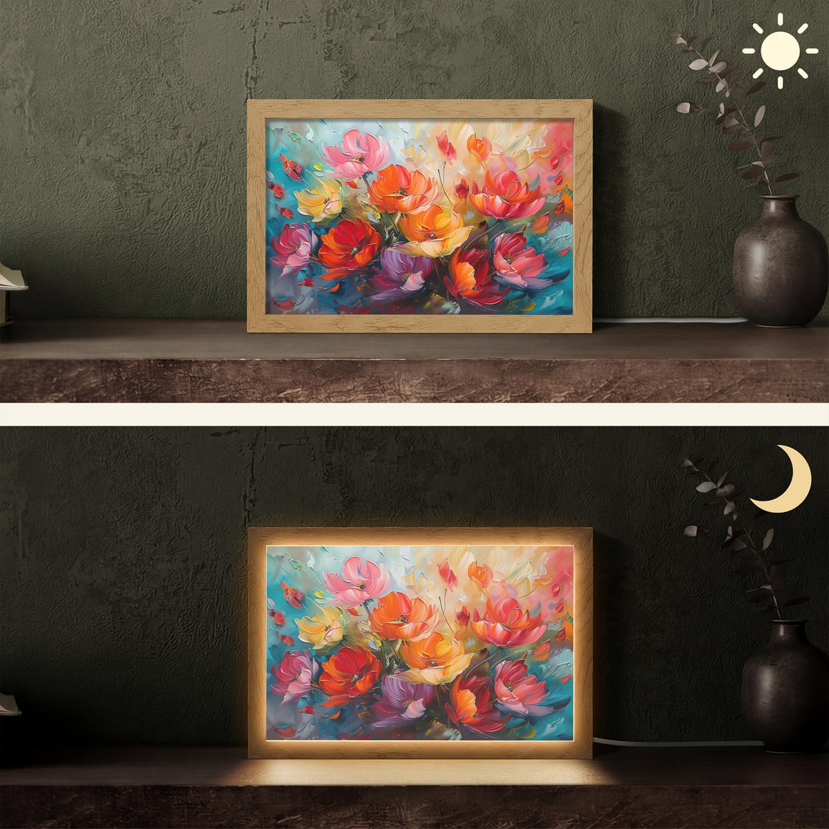 STOLNÍ LAMPA Květiny - barevné - malba - abstraktní - umění 30x20 cm - barva hliníku, kompozitní dřevo (8/30/20cm) - OnlyWow