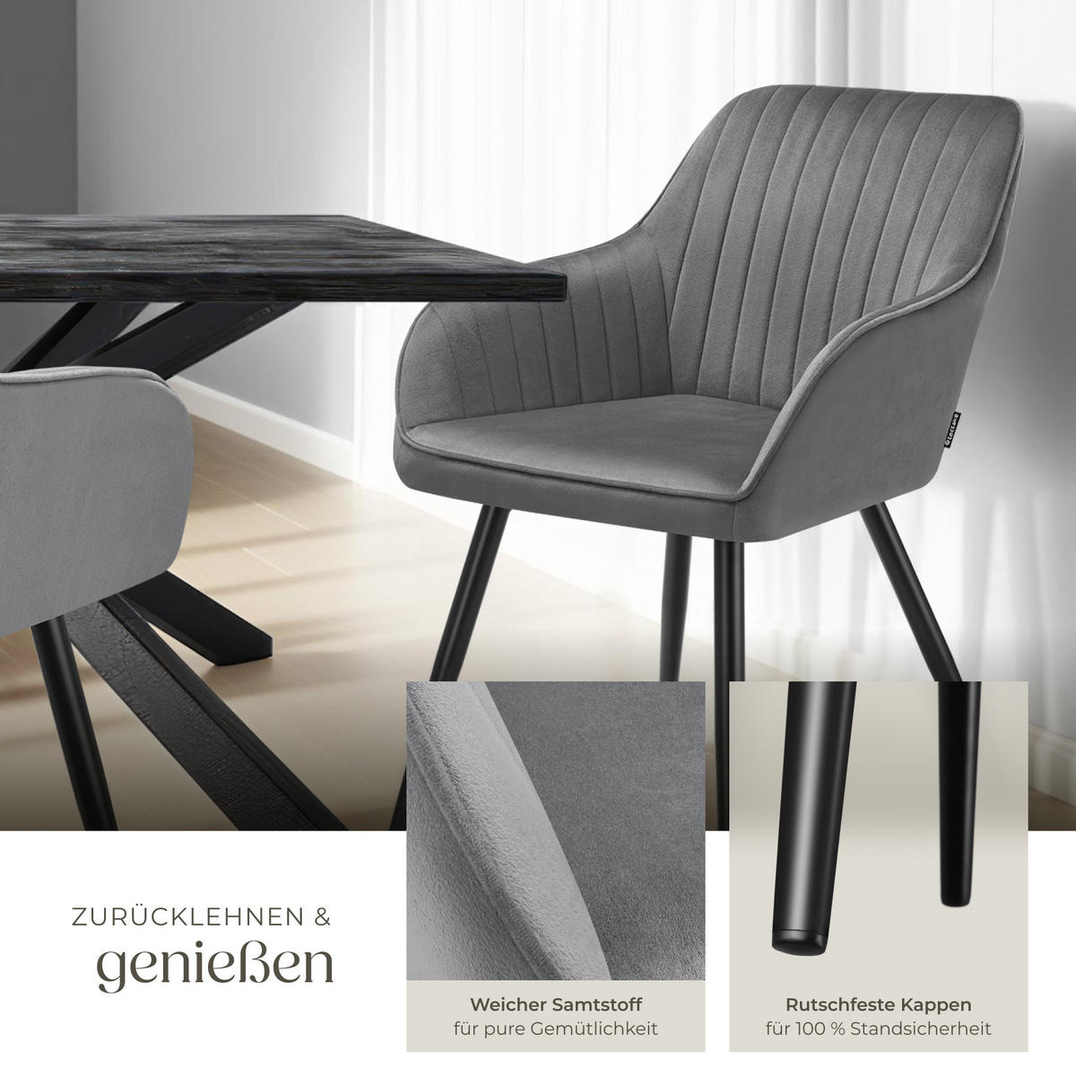 ESSZIMMERSTUHL 6er Set Marilyn 58 x 62 x 82 cm grau/schwarz - Schwarz/Grau, Metall (58/82/62cm) - tectake