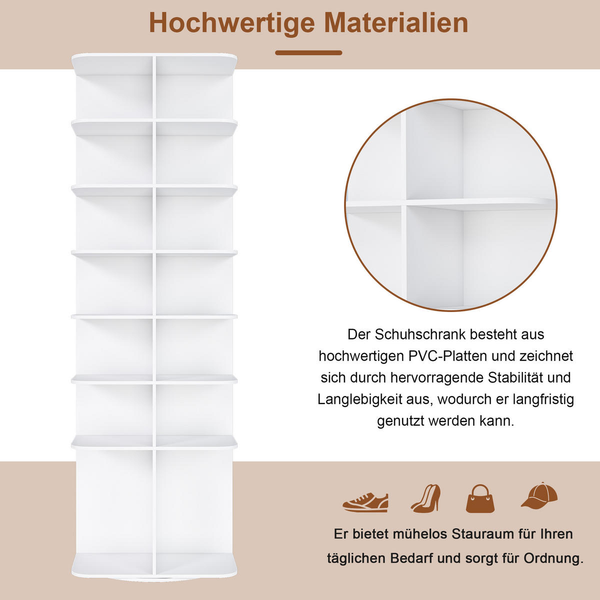 SCHUHABLAGE Rotierender Schuhturm Lazy Susan Schuhschrank 7-stöckig PVC 60/60/184 cm drehbar - Weiß, Holzwerkstoff/Kunststoff (184/60/60cm) - EVRYAE