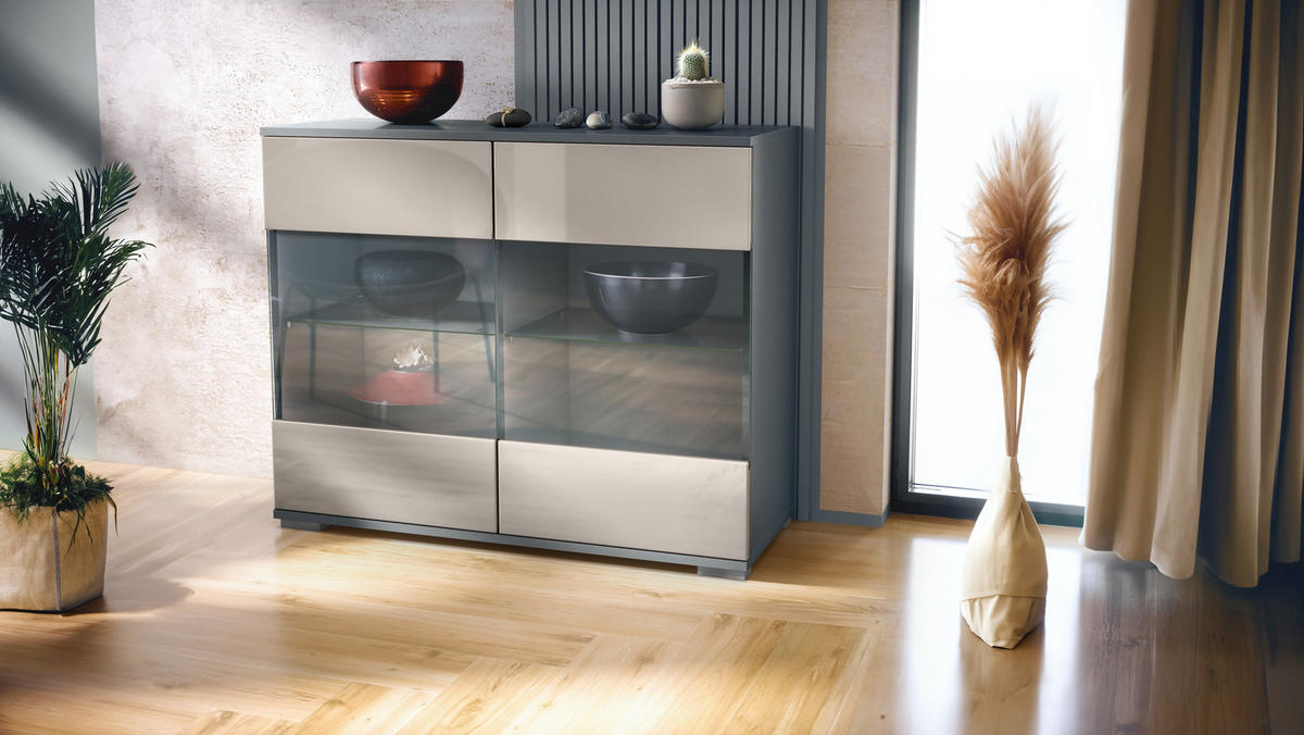 KOMMODE Bari Sandgrau Hochglanz - Sandfarben, Holzwerkstoff (92.5/75.5/35cm) - Vladon