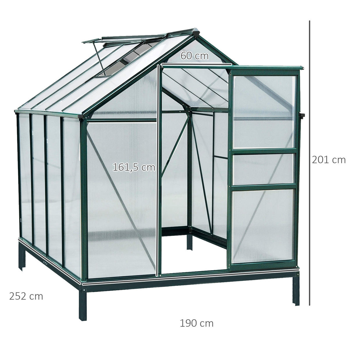 FOLIENGEWÄCHSHAUS, Grün+Transparent, Aluminiumlegierung, Polycarbonat - Grün, Metall (252/201/190cm) - Outsunny