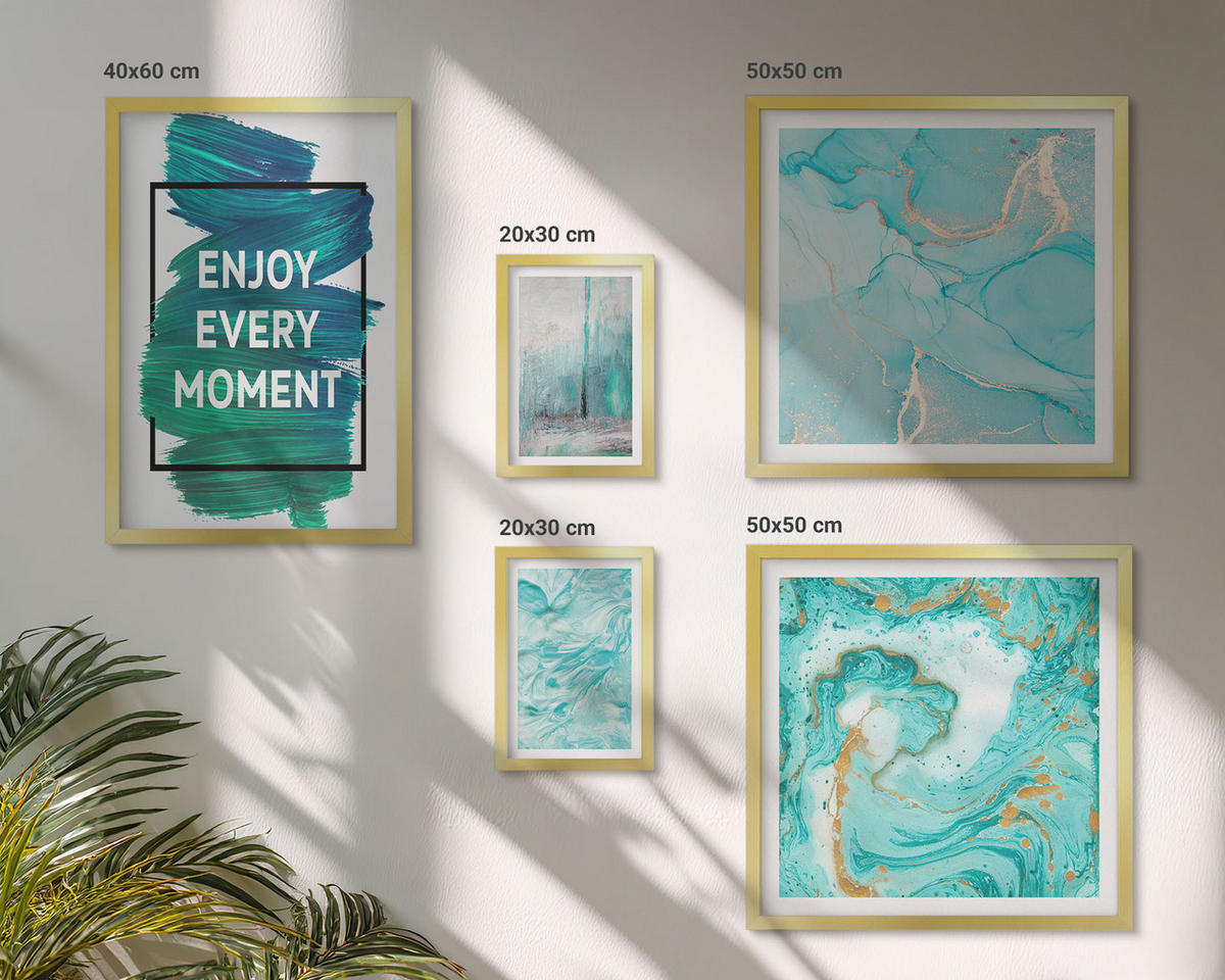 WANDBILDER 5er Set - 50x50 cm & 20x30 cm & 40x60 cm Goldrahmen - Farbenfrohe Abstraktionen, Gesichter, Formen - Goldfarben, Kunststoff (40/60cm) - ArtPrintCave