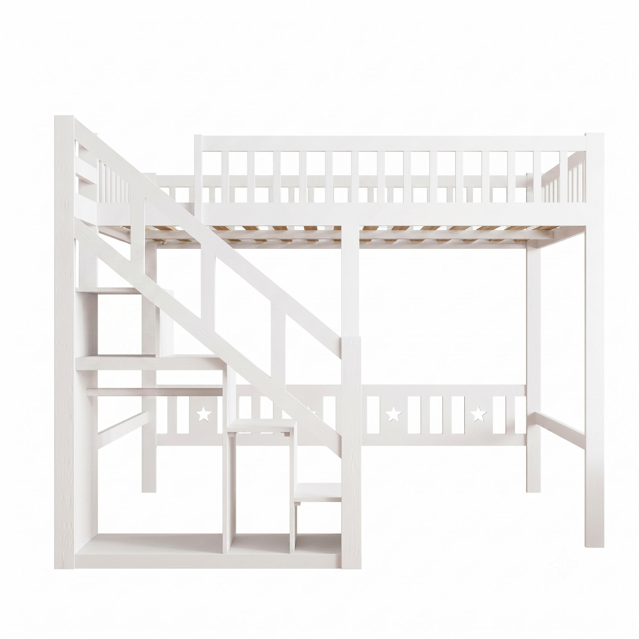 HOCHBETT Modern mit Stauraumtreppe & Kleiderstange 140/200 cm Kiefer-Massivholz Weiß - Weiß, Holz (140/200cm) - Creahappy