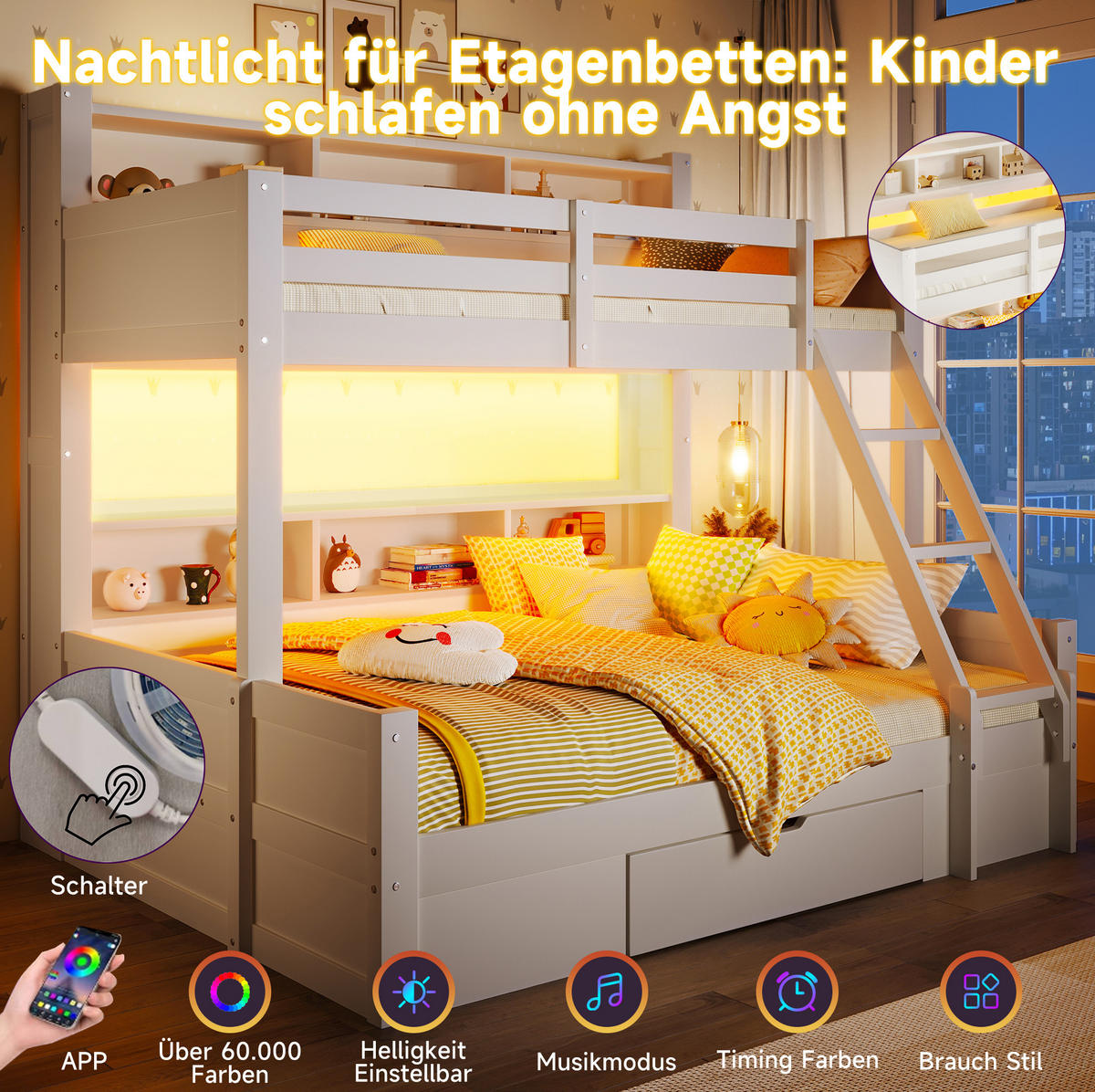 ETAGENBETT 90/200 + 140/200 cm in Weiß mit LED-Beleuchtung und Stauraum - Weiß, Holz (90/200cm) - Flora Grace