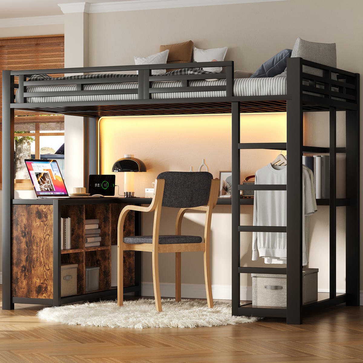 HOCHBETT 140/200 cm in Schwarz mit LED, USB, Schreibtisch und Stauraum - Schwarz, Holzwerkstoff/Metall (140/200cm) - STILVORA