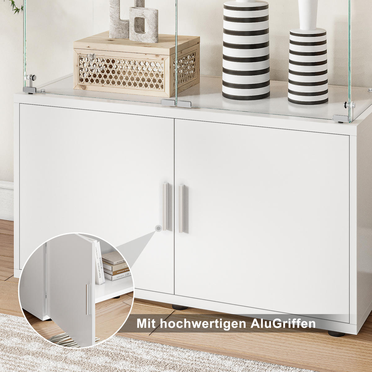 VITRINE, 3 Glasböden, Unterschrank, Touch-LED, zweitürig, in Weiß - Weiß, Glas/Holz (78.51/164/35cm) - BRILVERDE