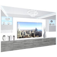 WOHNZIMMERWAND Schrankwand mit LED Weiß / Eiche Glamour - Weiß/Silbereichenfarben, Holz (300/180/36cm) - B BELINI GROUP